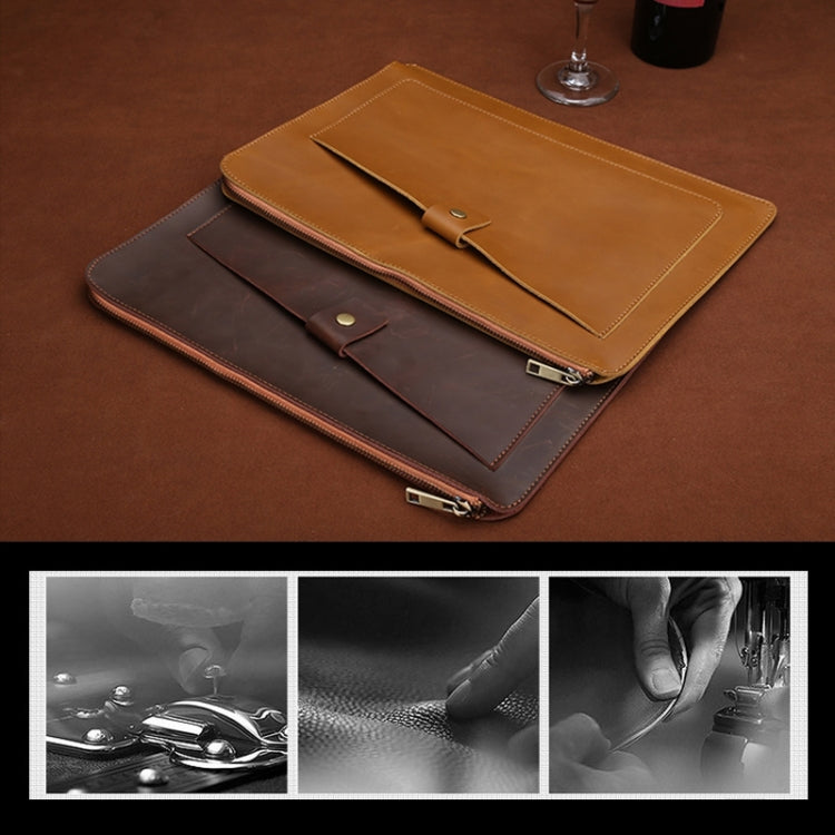 Universal Genuine Leather Business Zipper Laptop Tablet Bag For 12 inch and Below(Coffee) - 12.1 inch by PMC TechLife | Online Shopping South Africa | PMC TechLife | Buy Now Pay Later Mobicred