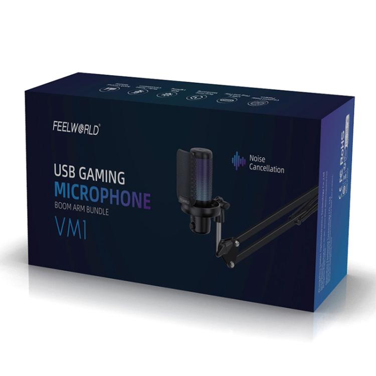 FEELWORLD VM1 USB Condenser Gaming Microphone for Streaming Noise Cancellation Mute RGB Light Boom Arm Stand (Black) - Microphone by FEELWORLD | Online Shopping South Africa | PMC TechLife | Buy Now Pay Later Mobicred
