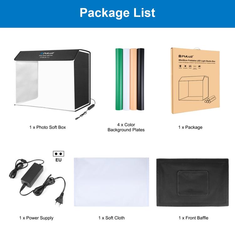 PULUZ Photo Studio Light Box Portable 60 x 40cm Cuboid Photography Studio Tent Kit with 4 Color Backdrops (EU Plug) - free shipping - PMC TechLife - Order now!