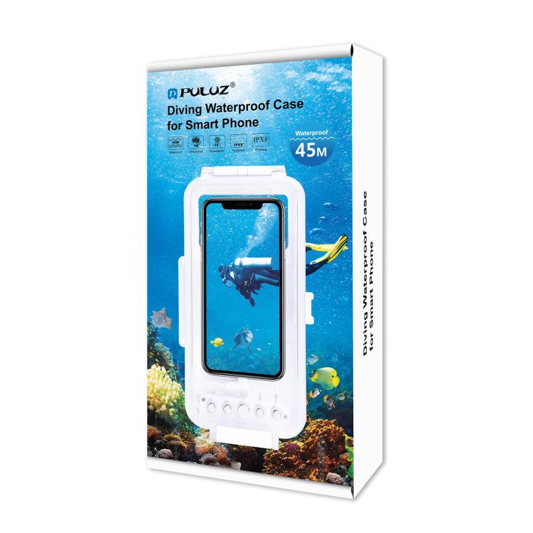 PULUZ 45m/147ft Waterproof Diving Case Photo Video Taking Underwater Housing Cover for iPhone 14 Series, iPhone 13 Series, iPhone 12 Series, iPhone 11 Series, iPhone X Series, iPhone 8 & 7, iPhone 6s, iOS 13.0 or Above Version iPhone(White) - iPhone 14 Pro Cases by PULUZ | Online Shopping South Africa | PMC TechLife | Buy Now Pay Later Mobicred