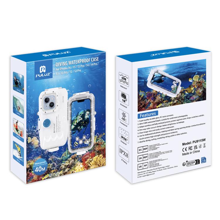 PULUZ 40m/130ft Waterproof Diving Case for iPhone 16 / 15 / 15 Pro / 14 / 14 Pro / 13 / 13 Pro / 12 / 12 Pro, with One-way Valve Photo Video Taking Underwater Housing Cover(White) - free shipping - PMC TechLife - Order now!