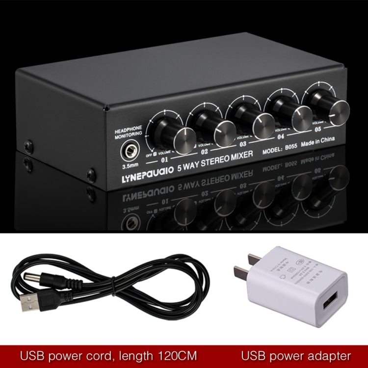 B055 5-Channel Active Stereo Mixer Multi-Channel Mixer with Independent Volume Adjustment & USB 5V Power Output & Headphone Monitoring, US Plug - by PMC Jewellery | Online Shopping South Africa | PMC Jewellery | Buy Now Pay Later Mobicred