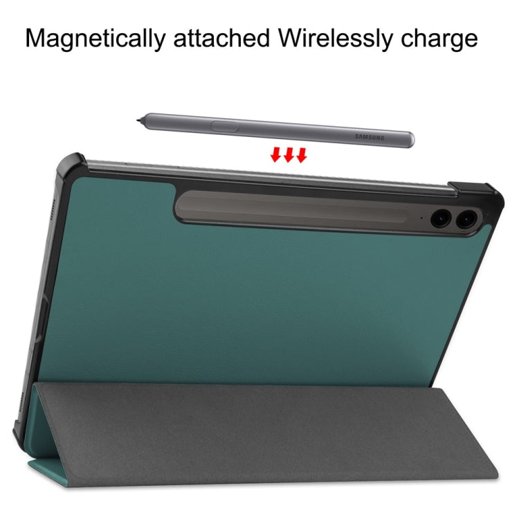 For Samsung Galaxy Tab S9 FE+ 12.4 JUNSUNMAY Custer Solid Color 3-Fold Stand Leather Smart Tablet Case(Dark Green) - free shipping - PMC Jewellery - Order now!