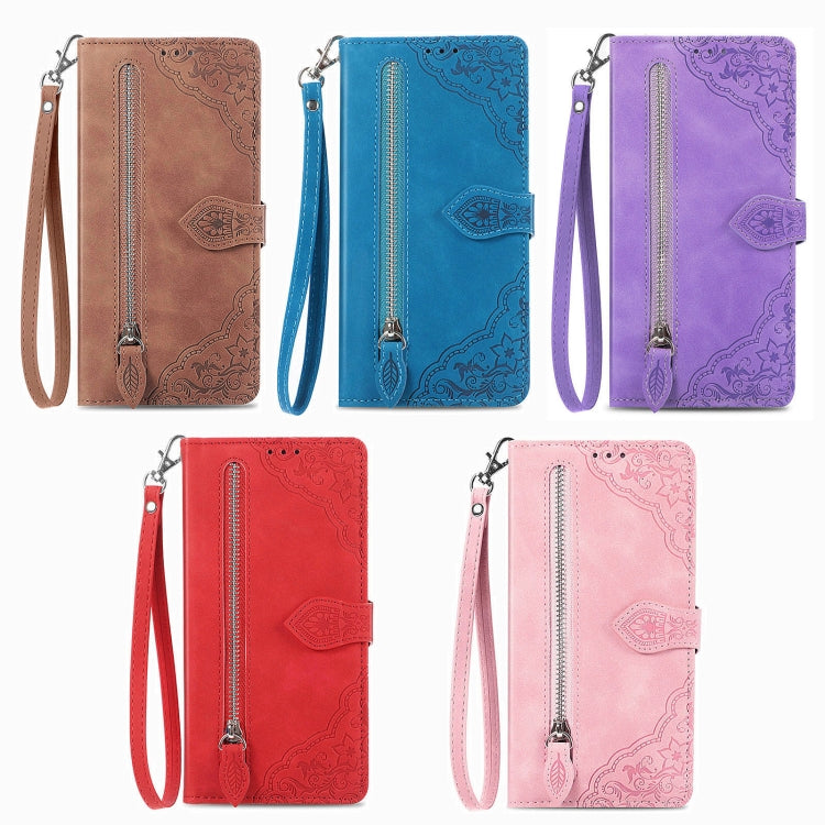 For iPhone 16e Embossed Flower Zipper Leather Phone Case(Red) - iPhone 16e Cases by PMC TechLife | Online Shopping South Africa | PMC TechLife | Buy Now Pay Later Mobicred
