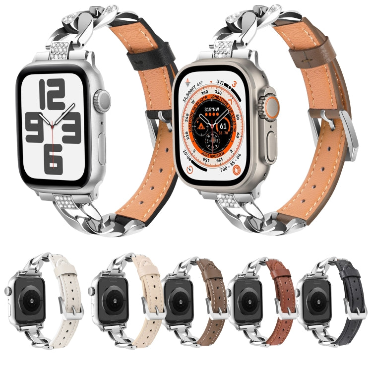 For Apple Watch Series 9 45mm Rhinestone Denim Chain Leather Watch Band(Apricot) - Watch Bands by PMC TechLife | Online Shopping South Africa | PMC TechLife | Buy Now Pay Later Mobicred