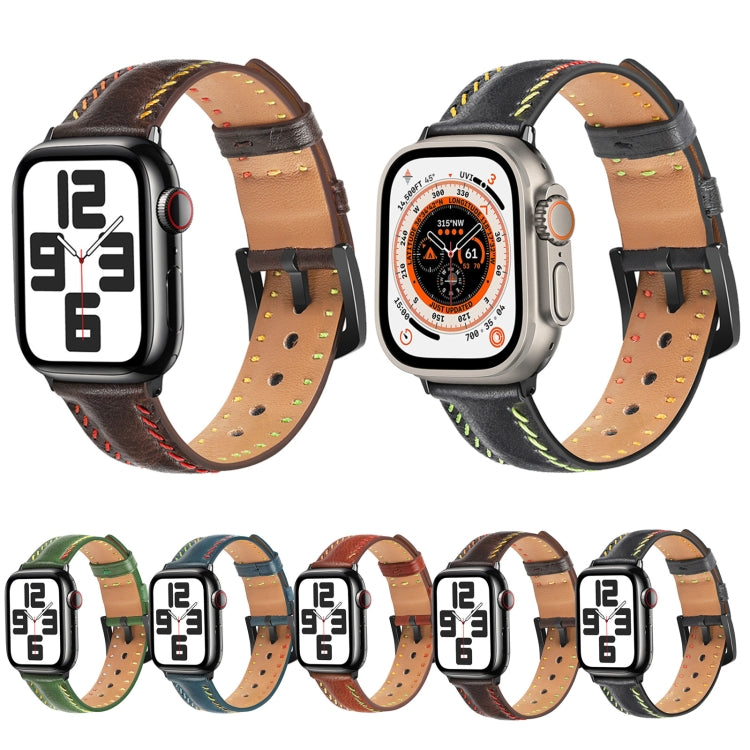 For Apple Watch Series 6 44mm Colorful Sewing Thread Leather Watch Band(Black) - Watch Bands by PMC TechLife | Online Shopping South Africa | PMC TechLife