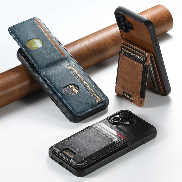 For iPhone 16 Suteni H03 Oil Wax Leather Wallet Stand Back Phone Case(Black) - free shipping - PMC Jewellery - Order now!