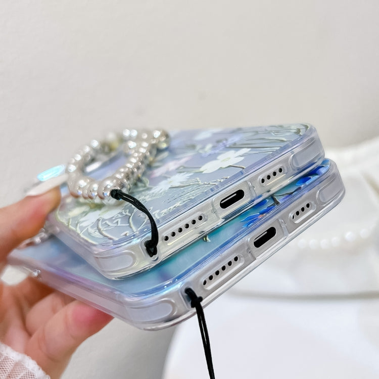 For iPhone 16 Electroplating Laser Flower Phone Case with Wrist Strap(Peach Blossom AH4) - iPhone 16 Cases by PMC TechLife | Online Shopping South Africa | PMC TechLife | Buy Now Pay Later Mobicred