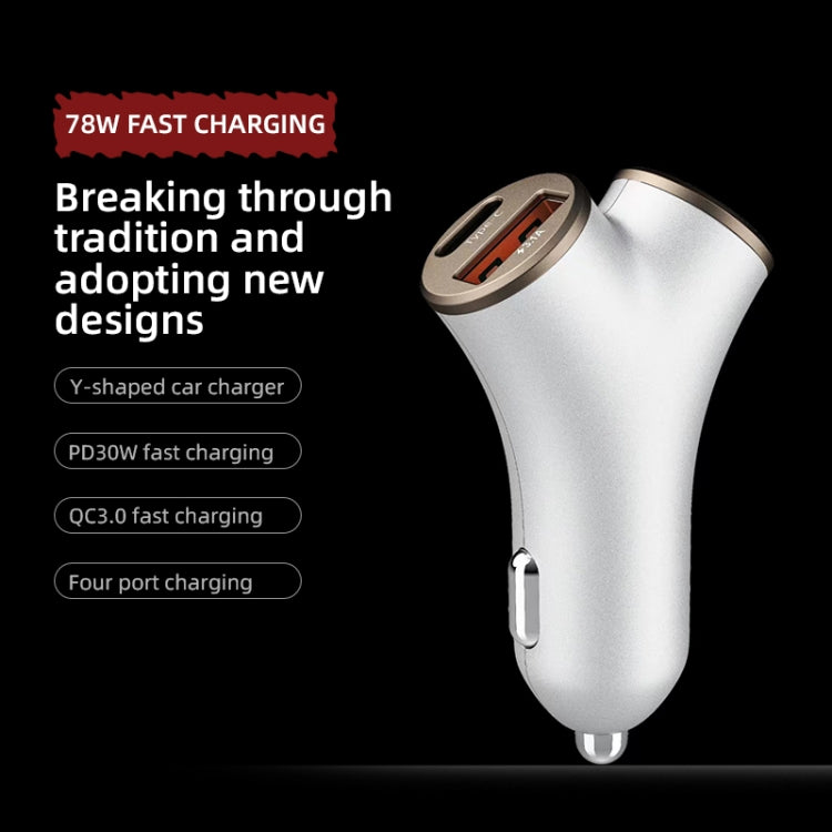 A2 2 USB + 2 Type-C Phone Fast Charging Power Adapter 78W Y-Shaped Car Charger(Silver) - Car Charger by PMC Jewellery | Online Shopping South Africa | PMC Jewellery | Buy Now Pay Later Mobicred
