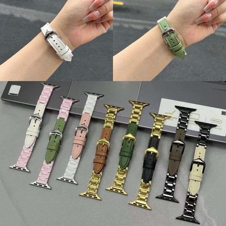 For Apple Watch SE 2023 44mm Ceramic Color Buckle Contrast Leather Watch Band(Light Pink+White+Silver Buckle) - Watch Bands by PMC TechLife | Online Shopping South Africa | PMC TechLife | Buy Now Pay Later Mobicred