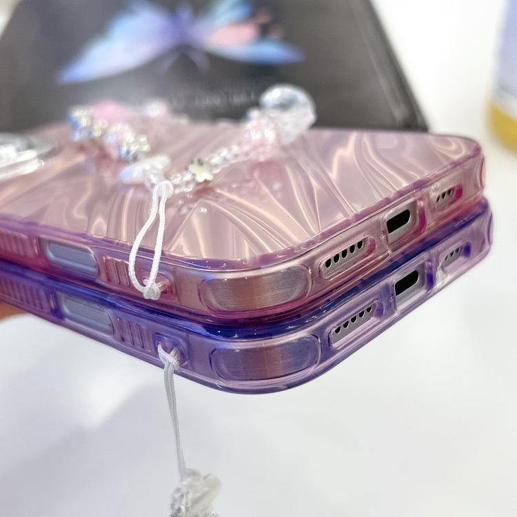 For iPhone 16e Plating Glitter Texture Chain Wristband TPU Phone Case with Lens Film(Purple Water Ripples) - iPhone 16e Cases by PMC TechLife | Online Shopping South Africa | PMC TechLife | Buy Now Pay Later Mobicred