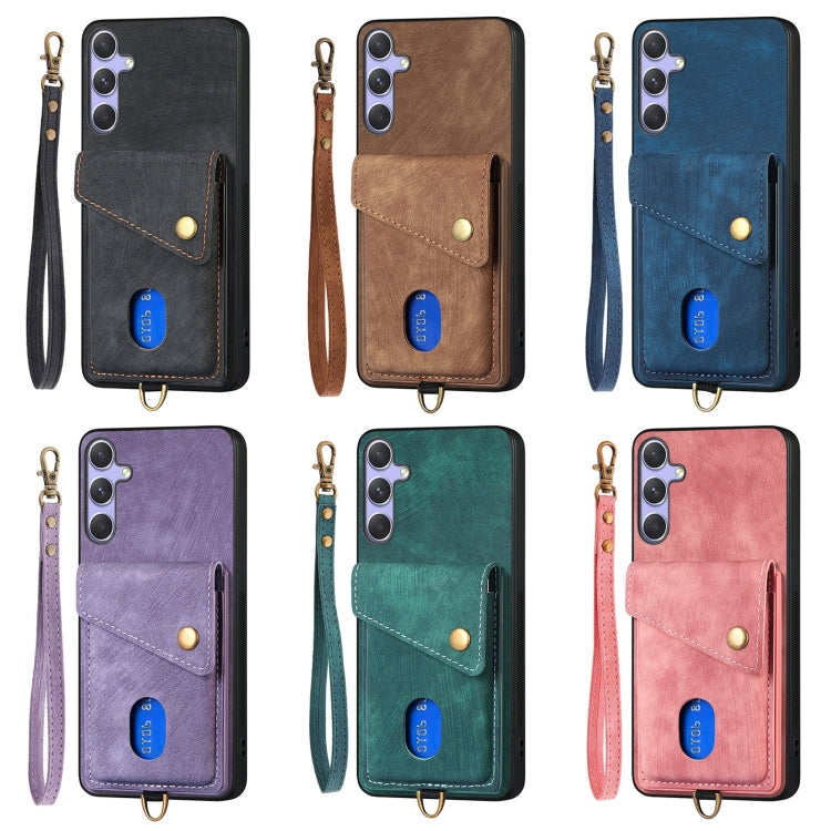 For Samsung Galaxy S25 5G Retro Card Wallet Fold Leather Phone Case with Strap(Purple) - Galaxy S25 5G Cases by PMC TechLife | Online Shopping South Africa | PMC TechLife | Buy Now Pay Later Mobicred