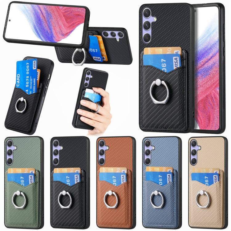 For Samsung Galaxy S25+ 5G Carbon Fiber Card Wallet Ring Phone Case(Khaki) - Galaxy S25+ 5G Cases by PMC Jewellery | Online Shopping South Africa | PMC Jewellery | Buy Now Pay Later Mobicred