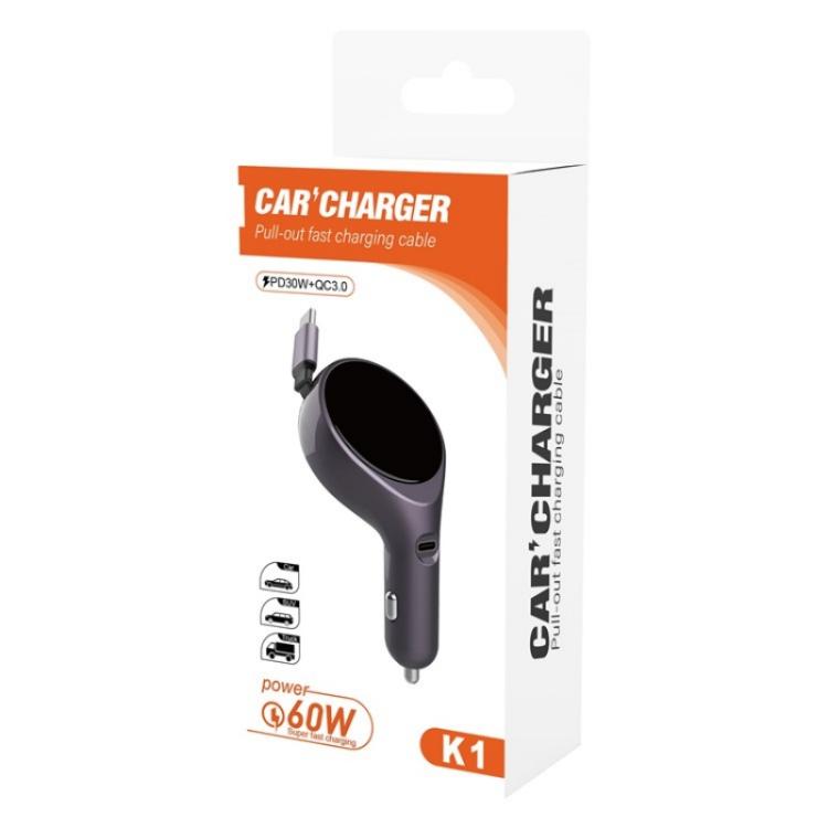 K1 With Retractable Cable Car Charger Type-C PD 20W Fast Charging Adapter - Car Charger by PMC TechLife | Online Shopping South Africa | PMC TechLife | Buy Now Pay Later Mobicred