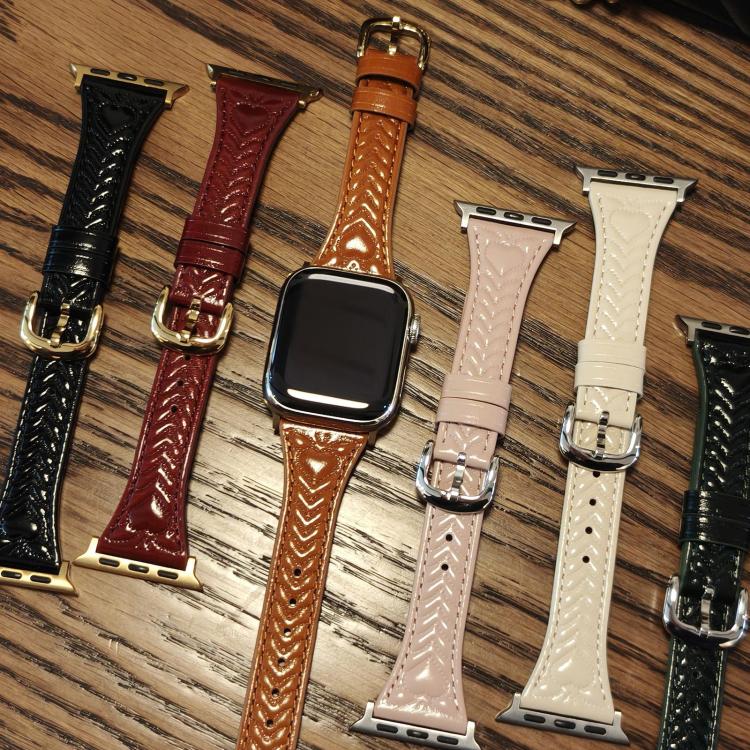 For Apple Watch 42mm / 41mm / 40mm / 38mm Heart-Shaped Embossed Leather Watch Band(Apricot) - Watch Bands by PMC TechLife | Online Shopping South Africa | PMC TechLife | Buy Now Pay Later Mobicred