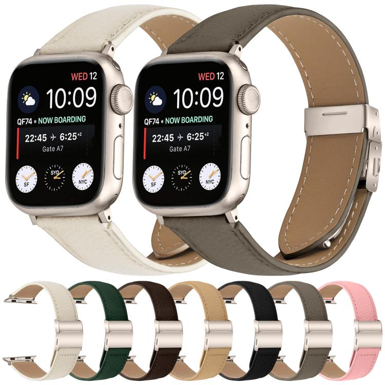 For Apple Watch 46mm / 49mm / 45mm / 44mm Lychee Texture Starlight Turtle Back Buckle Leather Watch Band(Creamy White) - Watch Bands by PMC TechLife | Online Shopping South Africa | PMC TechLife | Buy Now Pay Later Mobicred