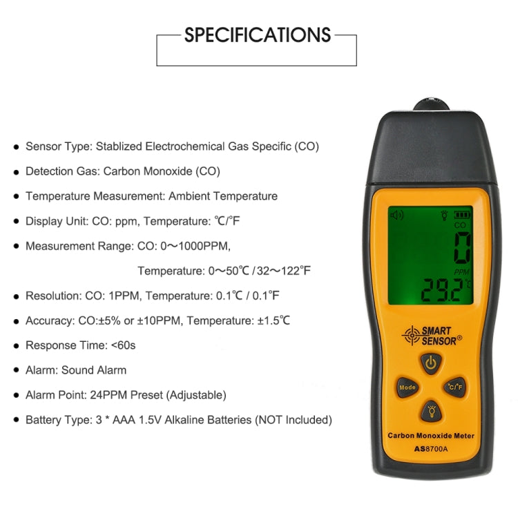 Smart Sensor AS8700A Handheld Carbon Monoxide Meter High Precision Digital CO Leak Detector Analyzer, Sound Light Alarm, Range: 0-1000ppm - free shipping - PMC TechLife - Order now!