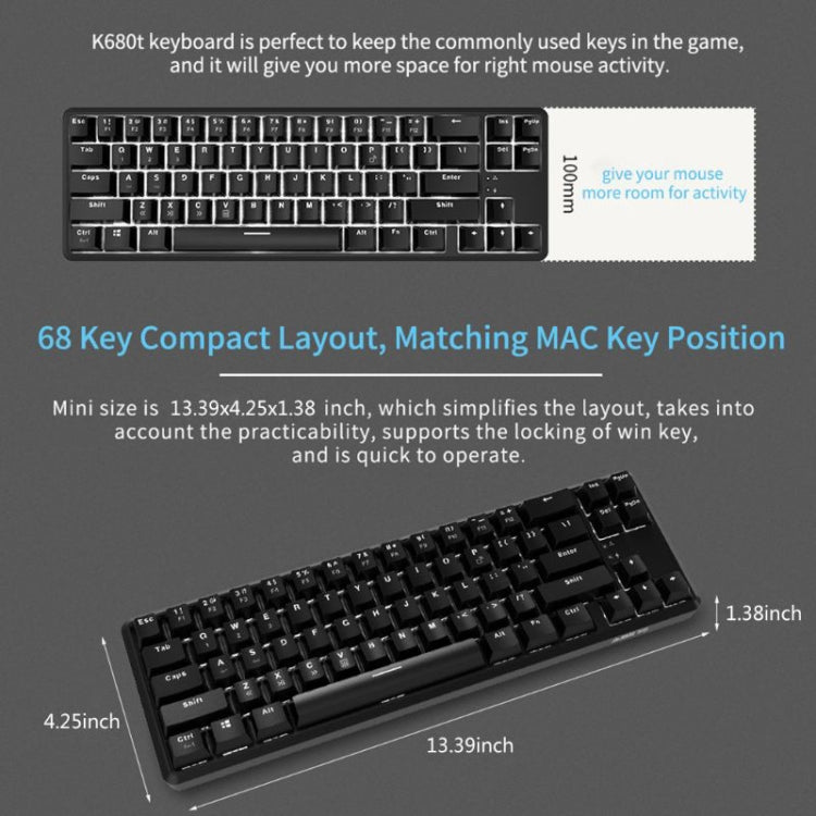 Ajazz K680T Mini USB Wired Dual-mode Charging 68-keys Laptop Bluetooth Mechanical Keyboard, Cable Length: 1.6m, Style:Black Shaft(Black) - free shipping - PMC Jewellery - Order now!