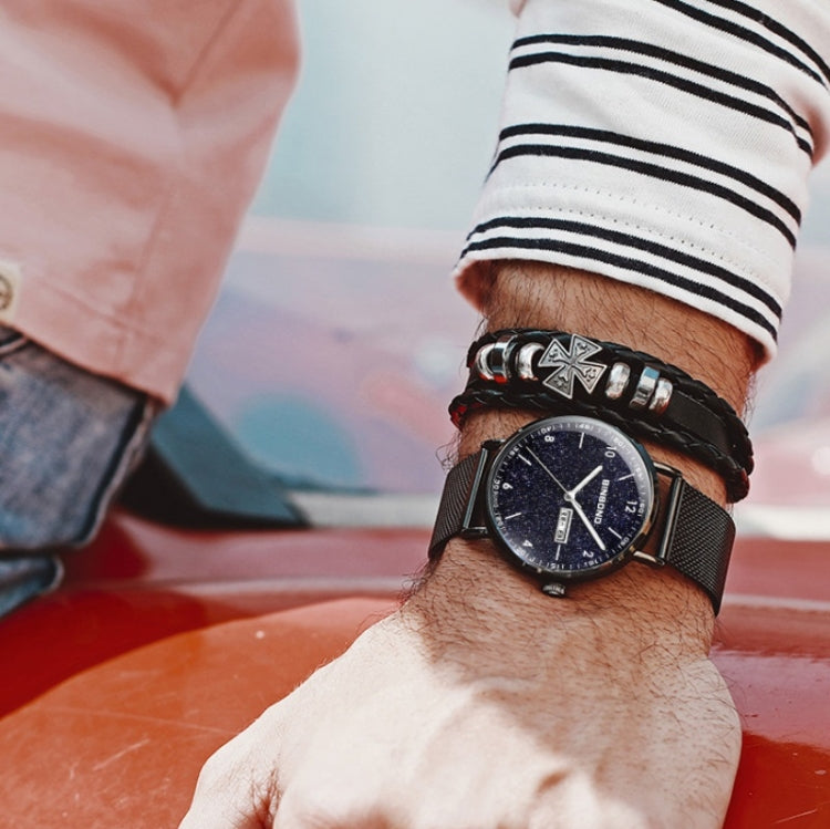 BINBOND B3820 Men Simple Luminous Quartz Watch Student Trendstarry Starry Sky Pattern Watch(Black Leather White Shell White Nails) - free shipping - PMC TechLife - Order now!