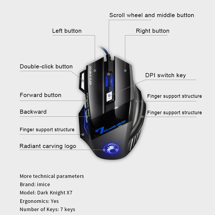 IMICE X7 2400 DPI 7-Key Wired Gaming Mouse with Colorful Breathing Light, Cable Length: 1.8m(Skin Black E-commerce Version) - Wired Mice by IMICE | Online Shopping South Africa | PMC TechLife | Buy Now Pay Later Mobicred