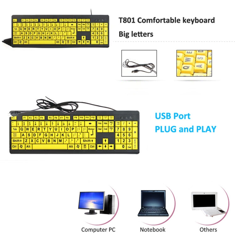 T801 104 Keys Special People Children Old Man Big Letters USB Wired Keyboard, Cable Length: 1.38m(Yellow) - free shipping - PMC TechLife - Order now!
