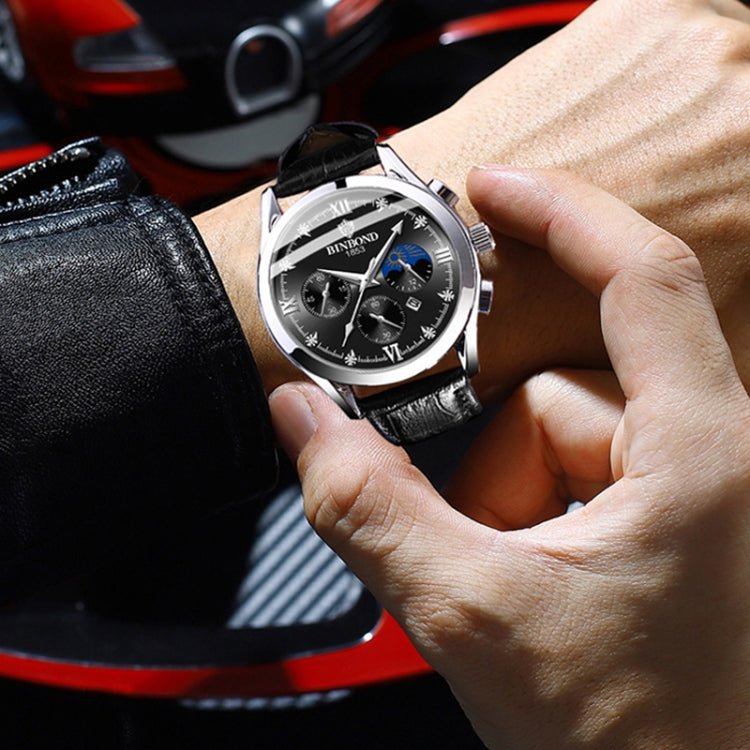 BINBOND B3591 30m Waterproof Luminous Calendar Men Watch, Color: Black Leather-White-Black - free shipping - PMC TechLife - Order now!