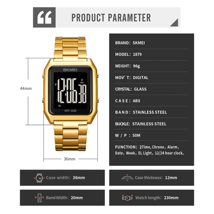 SKMEI 1879 Square Large Screen Men Steel Belt Multi-function EL Luminous Watch, Color: Gold - free shipping - PMC TechLife - Order now!