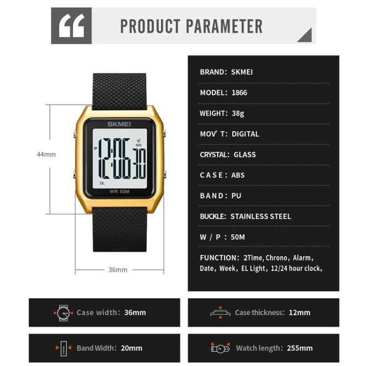 SKMEI 1866 Square Large Screen Men Steel Belt Multi-function Night Light Alarm Clock Watch(Gold White Machine) - free shipping - PMC TechLife - Order now!