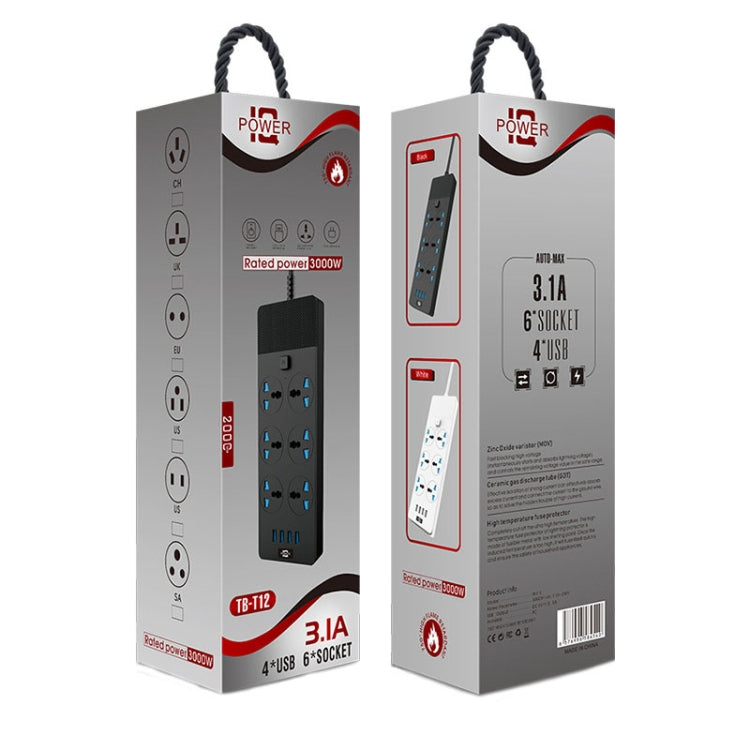 TB-T12 3000W 2m 4-USB Ports + 6-Jacks Multifunctional Flame-Retardant Socket With Switch(UK Plug) - free shipping - PMC TechLife - Order now!