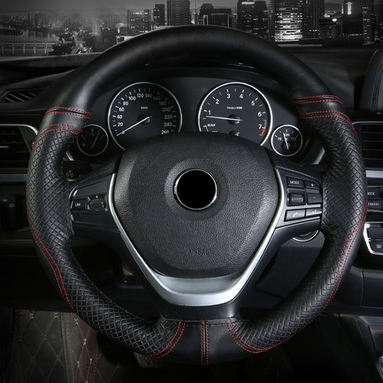 38cm Cowhide Embossed Hand-Stitched Double-Line Steering Wheel Cover(Black Blue Line) - Steering Wheel Accessories by PMC TechLife | Online Shopping South Africa | PMC TechLife | Buy Now Pay Later Mobicred