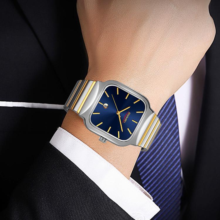 SKMEI 9361 Steel Strap Textured Dial Watch Business Casual Square Quartz Watch, Style: Black Gold Case Black Dial - free shipping - PMC TechLife - Order now!