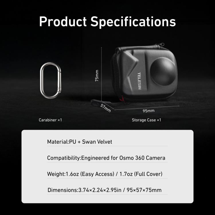 TELESIN Open Bottom PU Carrying Case for DJI Osmo 360 Camera Protective Pouch with Carabiner Clip - free shipping - PMC TechLife - Order now!