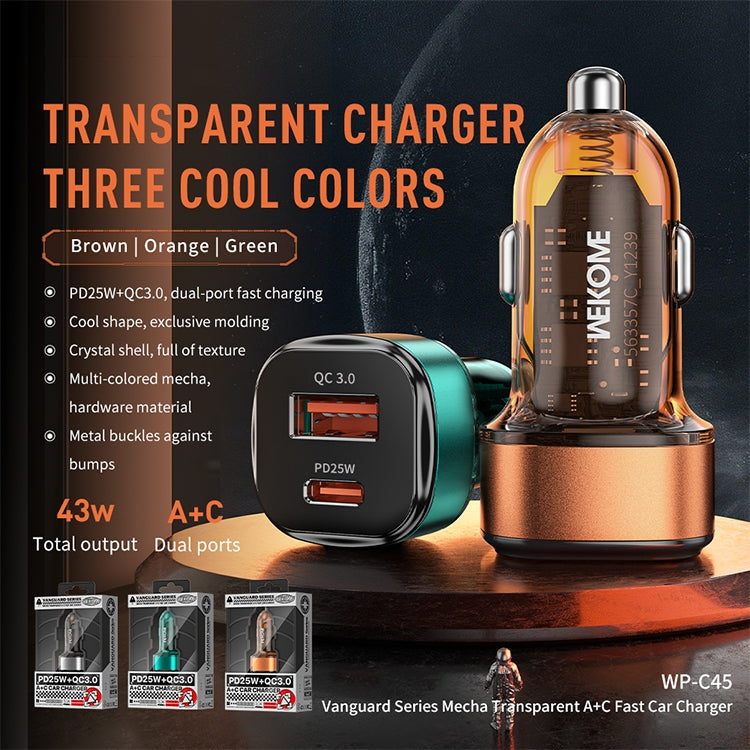 WK WP-C45 Vanguard Series Mecha Transparent USB+Type-C Fast Car Charger (Grey) - Car Charger by WK | Online Shopping South Africa | PMC TechLife | Buy Now Pay Later Mobicred