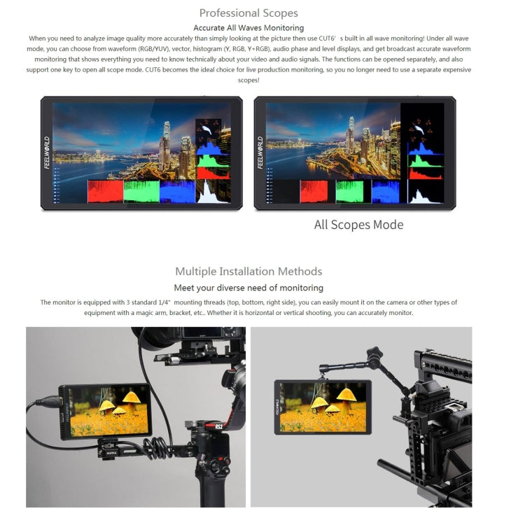 FEELWORLD CUT6 6-inch Touch Screen Monitor Recorder FHD IPS 4K HDMI Camera Field Monitor (Black) - free shipping - PMC TechLife - Order now!