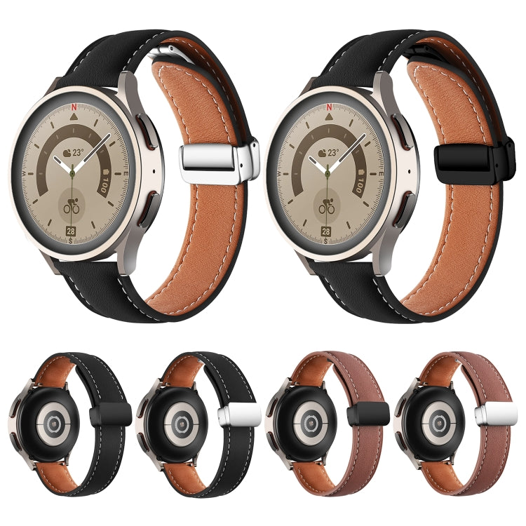 22mm Folding Buckle Plain Weave Genuine Leather Watch Band(Black+Silver) - Smart Wear by PMC TechLife | Online Shopping South Africa | PMC TechLife