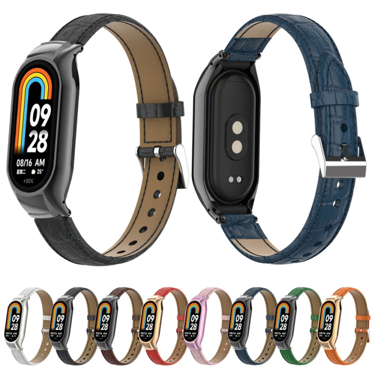For Xiaomi Mi Band 8 Integrated Metal Case + Cocodile Texture Leather Watch Band(White) - Smart Wear by PMC TechLife | Online Shopping South Africa | PMC TechLife