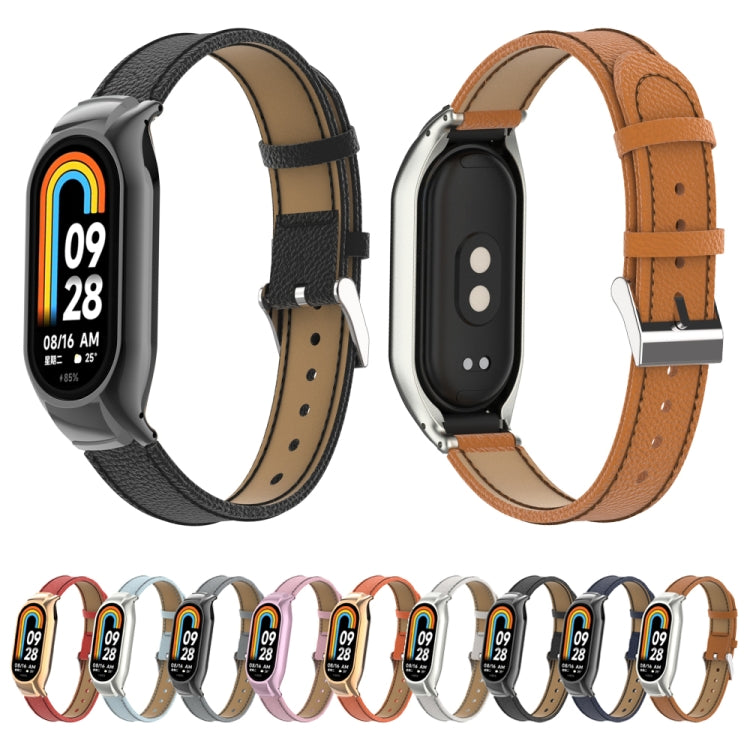 For Xiaomi Mi Band 8 Integrated Metal Case + Litchi Texture Leather Watch Band(Black) - Smart Wear by PMC TechLife | Online Shopping South Africa | PMC TechLife