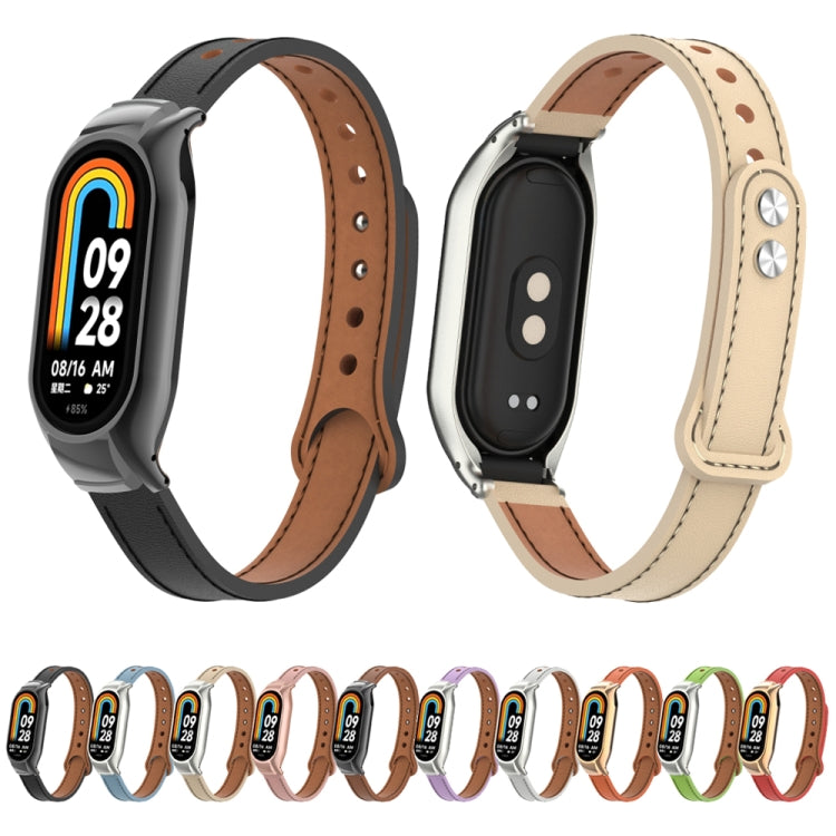 For Xiaomi Mi Band 8 Integrated Metal Case + Double Nail Microfiber Leather Watch Band(Milk Tea Color) - Smart Wear by PMC TechLife | Online Shopping South Africa | PMC TechLife