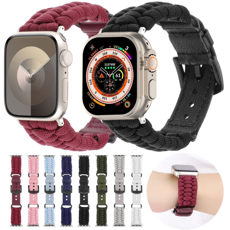 For Apple Watch Series 6 44mm Plain Paracord Genuine Leather Watch Band(Wine Red) - Watch Bands by PMC TechLife | Online Shopping South Africa | PMC TechLife