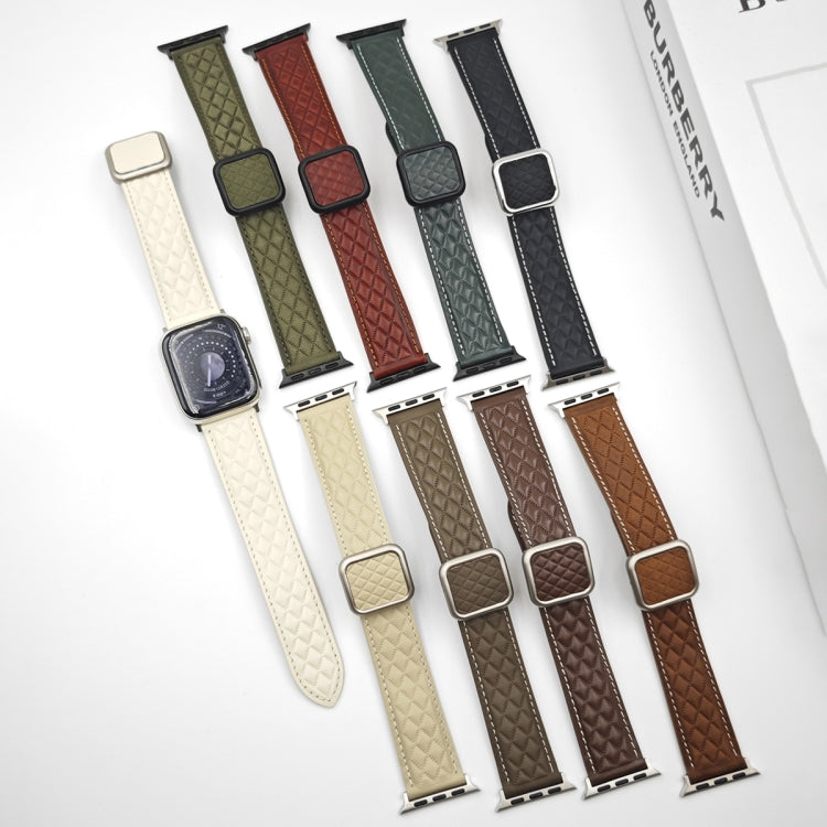 For Apple Watch Series 3 42mm Rhombus Pattern Magnetic Square Buckle Leather Watch Band(Creamy White) - free shipping - PMC TechLife - Order now!