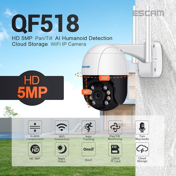 ESCAM QF518 5MP Smart WiFi IP Camera, Support AI Humanoid Detection / Auto Tracking / Dual Light Night Vision / Cloud Storage / Two Way Audio / TF Card, Plug:US Plug(White) - free shipping - PMC TechLife - Order now!