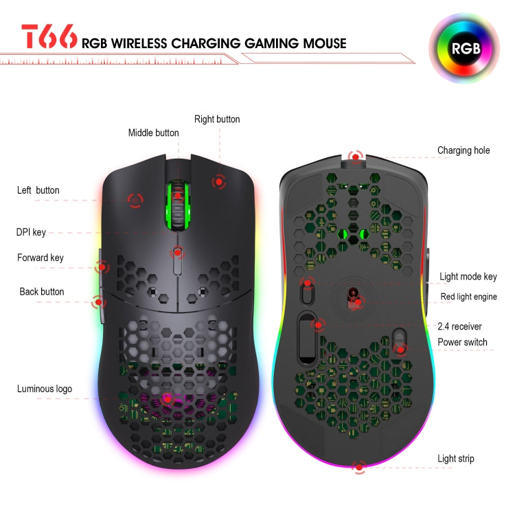 HXSJ T66 7 Keys Colorful Lighting Programmable Gaming Wireless Mouse (White) - Wireless Mice by HXSJ | Online Shopping South Africa | PMC TechLife | Buy Now Pay Later Mobicred