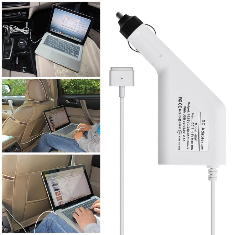 45W 14.85V 3.05A 5 Pin T Style MagSafe 2 Car Charger with 1 USB Port for Apple Macbook A1466 / A1436 / A1465 / A1435 / MD224 / MD231 / MD761 / MD711, Length: 1.7m(White) - Cable & Adapter by PMC TechLife | Online Shopping South Africa | PMC TechLife | Buy Now Pay Later Mobicred