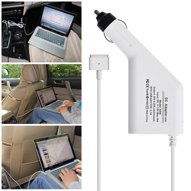 85W 20V 4.25A 5 Pin T Style MagSafe 2 Car Charger with 1 USB Port for Apple Macbook A1398 / A1424 / MC975 / MC976 / ME664 / ME665, Length: 1.7m (White) - Cable & Adapter by PMC TechLife | Online Shopping South Africa | PMC TechLife | Buy Now Pay Later Mobicred