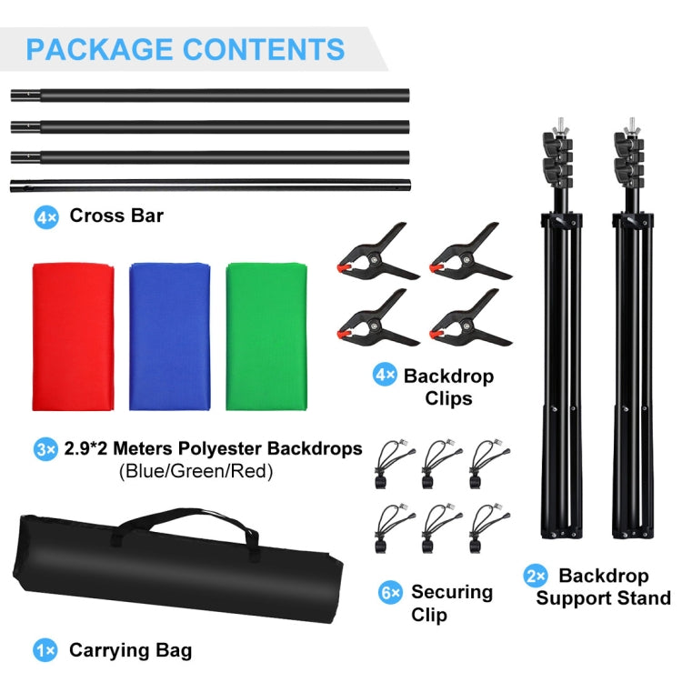 PULUZ 2.9x2m Photo Studio Background Support Stand Backdrop Crossbar Bracket Kit with Red / Blue / Green Polyester Backdrops - free shipping - PMC TechLife - Order now!
