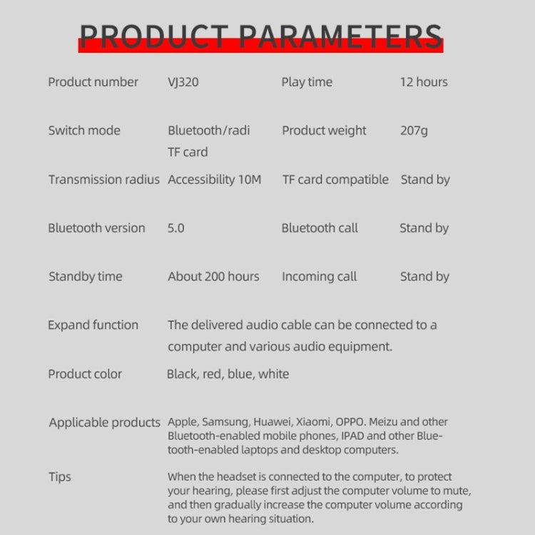 VJ320 Bluetooth 5.0 Head-mounted Foldable Wireless Headphones Support TF Card with Mic(White) - free shipping - PMC TechLife - Order now!