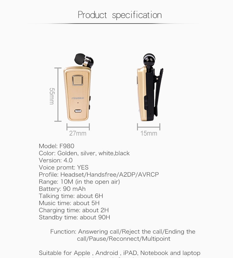 Fineblue F980 CSR4.1 Retractable Cable Caller Vibration Reminder Anti-theft Bluetooth Headset - Bluetooth Earphone by Fineblue | Online Shopping South Africa | PMC TechLife | Buy Now Pay Later Mobicred