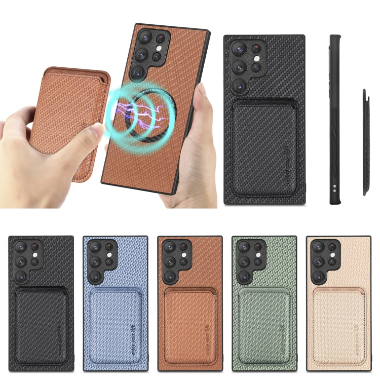 For Samsung Galaxy S22 Ultra 5G Carbon Fiber Leather Card Magsafe Magnetic Phone Case(Khaki) - free shipping - PMC TechLife - Order now!