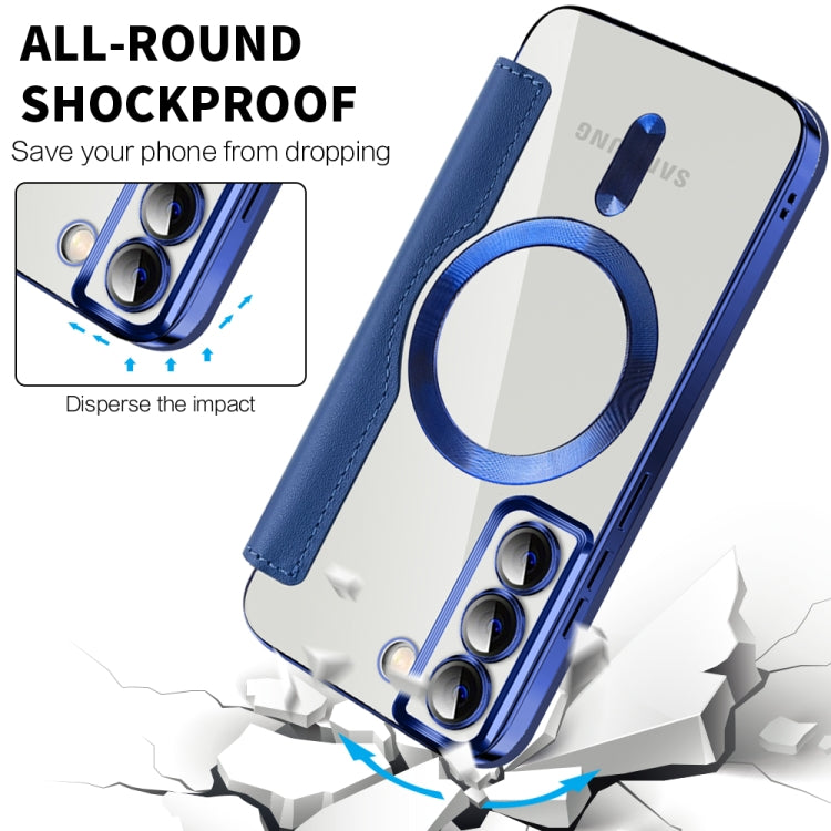 For Samsung Galaxy S22 5G Shield Magsafe RFID Anti-theft Rhombus Leather Phone Case(Dark Blue) - Galaxy S22 5G Cases by PMC TechLife | Online Shopping South Africa | PMC TechLife