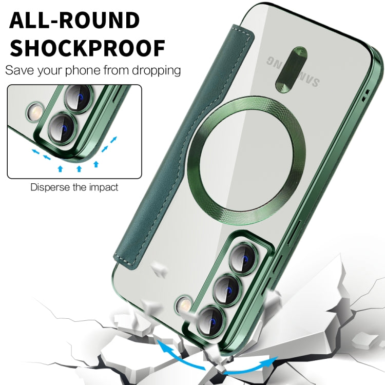 For Samsung Galaxy S22 5G Shield MagSafe RFID Anti-theft Rhombus Leather Phone Case(Green) - Galaxy S22 5G Cases by PMC TechLife | Online Shopping South Africa | PMC TechLife | Buy Now Pay Later Mobicred